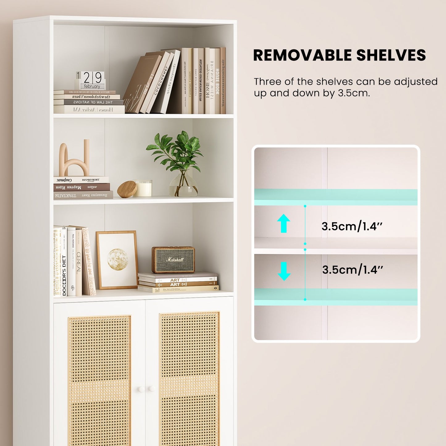 Farini Tall 5 Tier Bookcase, Storage Shelf with Rattan Doors for Living Room, Office, Library, White