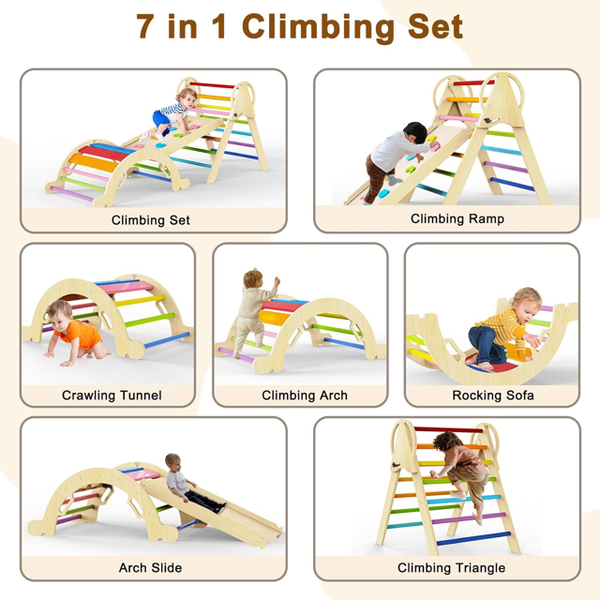 Pikler Triangle Set, RongTrading 8 in 1 Montessori Climbing Set, Wooden Climbing Toys, with Arch, Ramp, Ladder, Tent and Cushion, Indoor Jungle Gym for Toddlers 0.5-6 Years Old, Rainbow