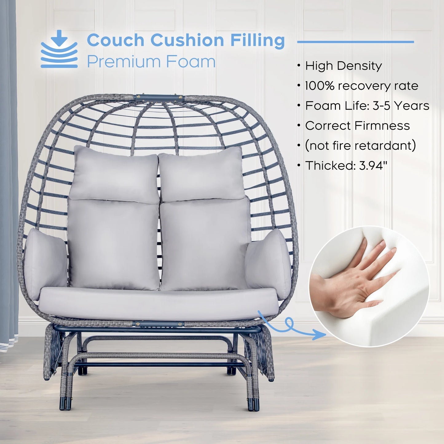 Brafab 2-Person Outdoor Egg Chair Wicker Basket Lounger Chairs with Stand Glider for Home Patio Xmas Gift,Steel Frame,Gray