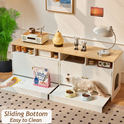 JanflyHome Cat Litter Box Enclosure, TV Stand for 55-75 inch TV, Power Outlet, Pan Litter Box, White