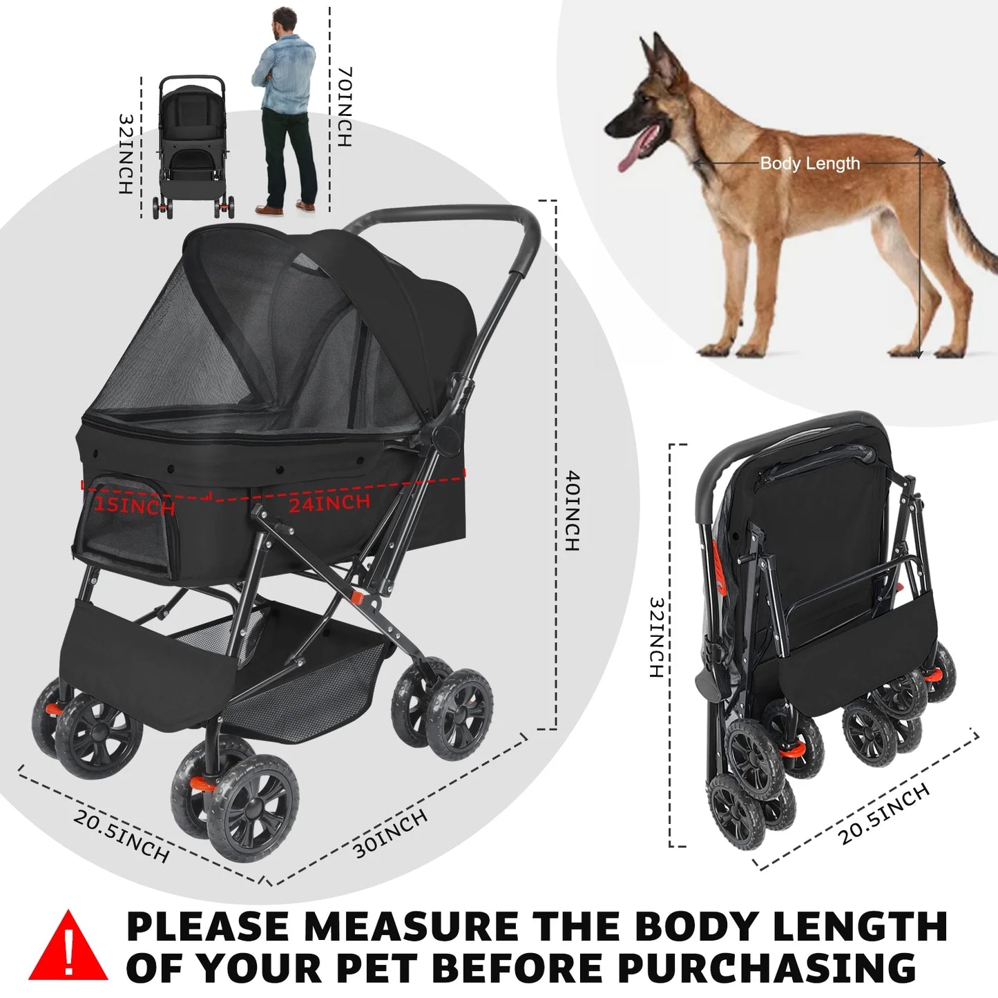 Wedyvko Pet Strollers with Reversible Handle for Small Medium Dogs with Mesh Windows, Removable Liner (Black)