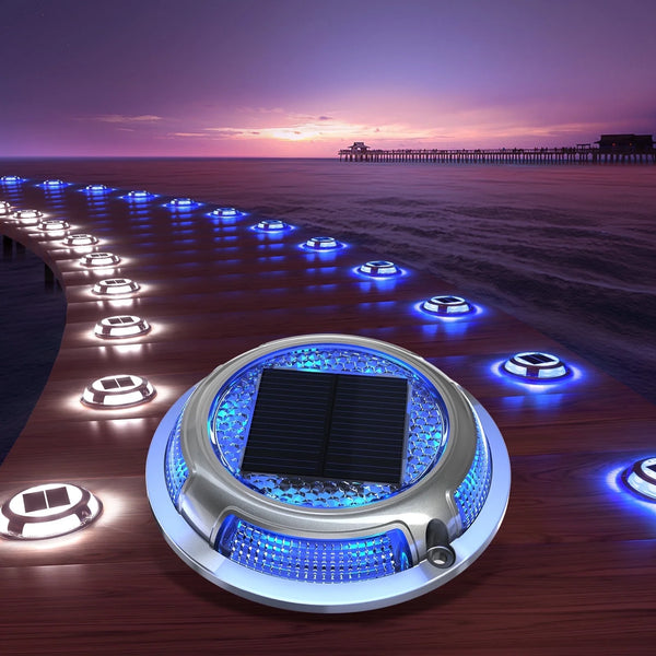 Aship 12 Pack Solar Deck Lights Outdoor, Blue+White Solar Powered Driveway Lights, IP68 Waterproof Solar Dock Lights Step Lights Marker Lights for Path Stair Dock Garage