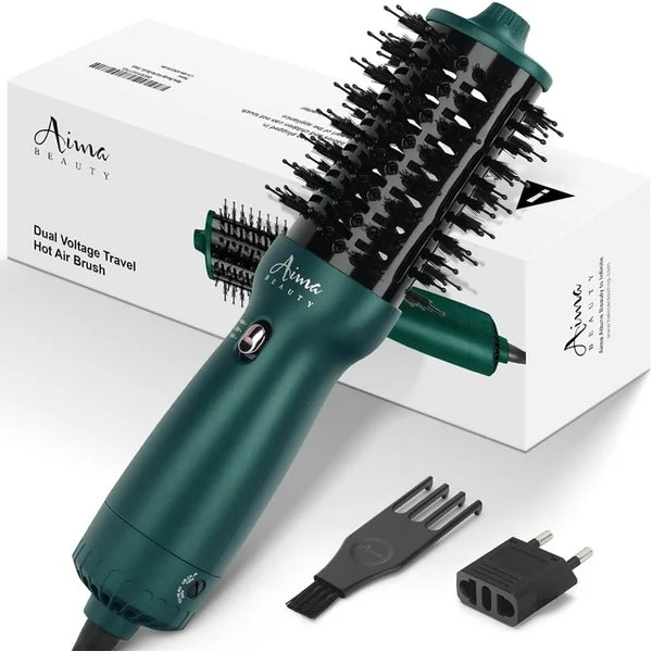 Aima Beauty Hair Dryer Brush Dual Voltage Worldwide Travel Blow Dryer Brush Hot Air Brush with Oval Barrel 360°Airflow for Smooth,Negative Ionic Frizz-Free Drying/Straightening/Voluming, Dark Green