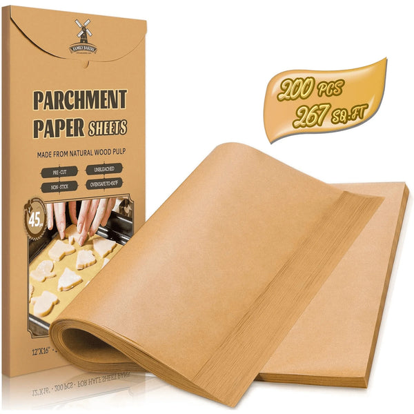 Alpacasso 200 Pcs Parchment Paper Baking Sheets, 12x16 Inches Non-Stick Precut Baking Parchment, for Baking Grilling Air Fryer Steaming Bread Cup Cake Cookie and More (Unbleached)
