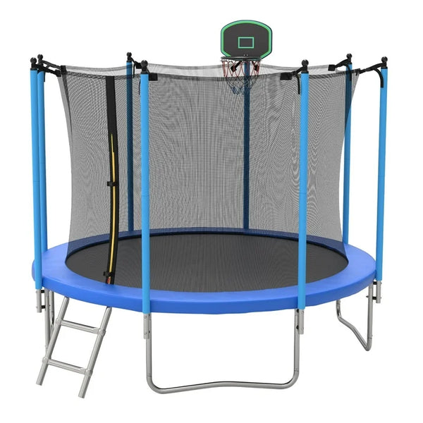 BTMWAY 10ft Trampoline for Kids, Backyard Trampolines Outdoor Indoor, Kids Trampoline with Basketball Hoop, Recreational Trampolines with Enclosure Net Ladder, Spring Cover Padding, Blue