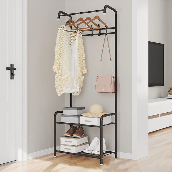 Baokaler 3-in-1 Entryway Coat Rack Shoe Bench Metal Hall Tree Clothes Stand 2 Layers Storage Bench Free Standing Clothes Organizer Hat Stand Rod for Hanging Jacket