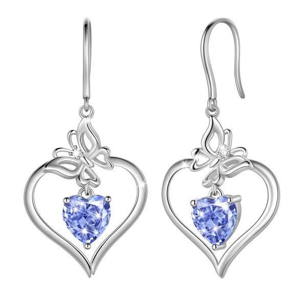 Beautlace 18K White Gold over Stering Silver Butterfly Dangle Drop Earrings,December Birthstone Heart Hook Earrings Jewelry Birthday Christmas Valentines Mothers Day Gifts for Women Mom