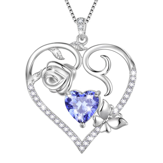 Beautlace 925 Sterling Silver Heart Rose Necklace,Butterfly Flower Cute Animal Pendant Necklace Jewelry Birthday Christmas Valentines Mother's Day Gifts for Women Mom -December