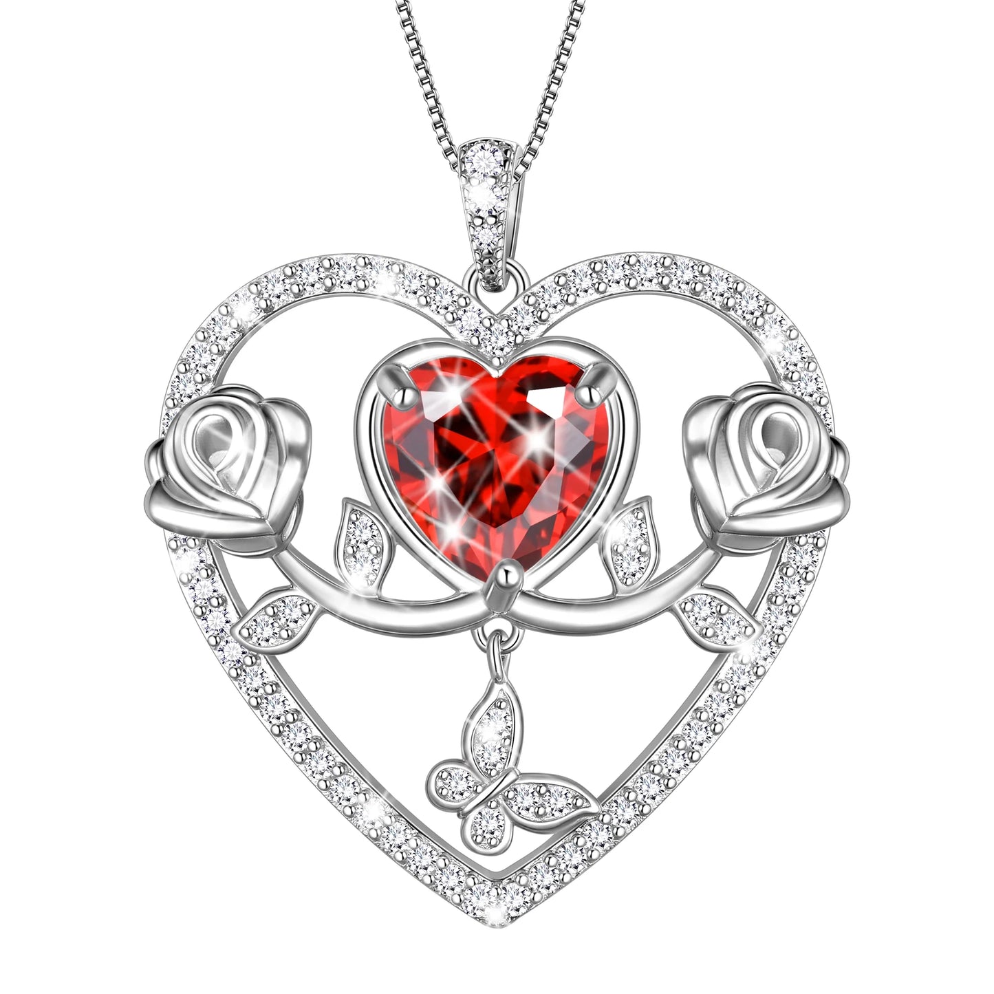 Beautlace 925 Sterling Silver Rose Heart Necklace,Butterfly Flower Pendant Necklace Jewelry Birthday Christmas Valentines Mother's Day Gifts for Women Mom Wife -January