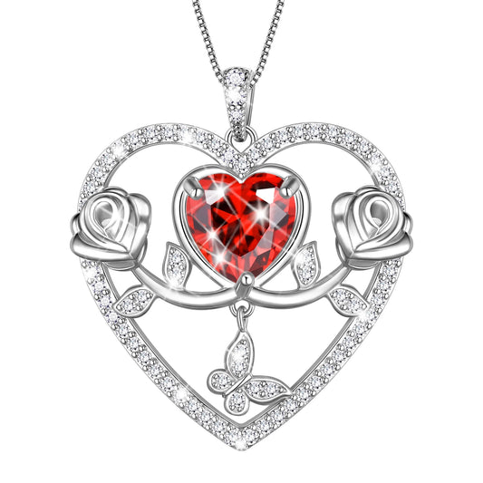 Beautlace 925 Sterling Silver Rose Heart Necklace,Butterfly Flower Pendant Necklace Jewelry Birthday Christmas Valentines Mother's Day Gifts for Women Mom Wife -January