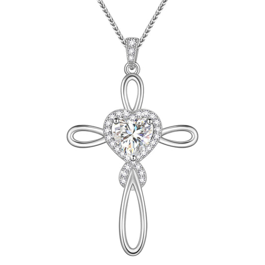 Beautlace GRA Certified 1 Carat Moissanite Cross Necklace,18K White Gold over Stering Silver Heart Birthstone Pendant Necklace Jewelry Birthday Christmas Valentines Gifts for Women
