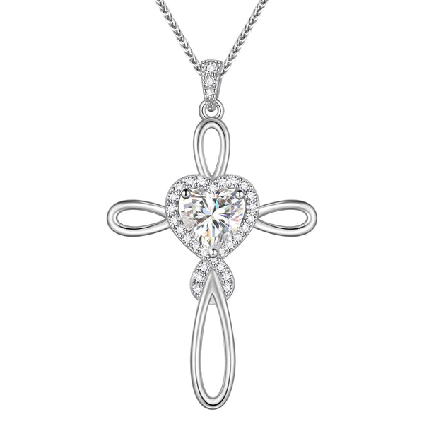 Beautlace GRA Certified 1 Carat Moissanite Cross Necklace,18K White Gold over Stering Silver Heart Birthstone Pendant Necklace Jewelry Birthday Christmas Valentines Gifts for Women