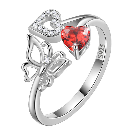 Beautlace Heart Birthstone Ring,Butterfly 925 Sterling Silver Adjustable January Garnet Birthstone Open Band Rings Birthday Christmas Valentines Mothers Day Jewelry Gifts for Women Mom