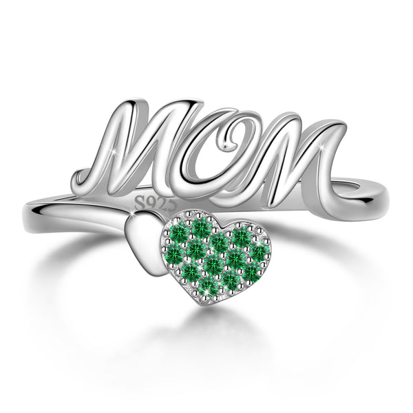 Beautlace Mom Adjustable Ring,925 Sterling Silver Love Heart May Emerald Birthstone Open Rings Mothers'Day Birthday Jewelry Gifts for Her Mom Women Gandma