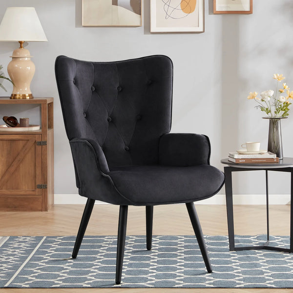 Black Velvet Accent Chairs for Living Room Upholstered Sitting Chair Mid Century Leisure Chairs