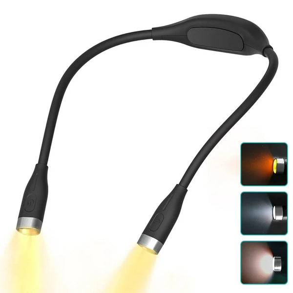 Book Light, Neck Reading Lamp, Rechargeable Reading Lamp in Bed, 3 Color Reading Lamp with Long Flexible Foldable Arms for Knitting, Repairing, Reading, Black
