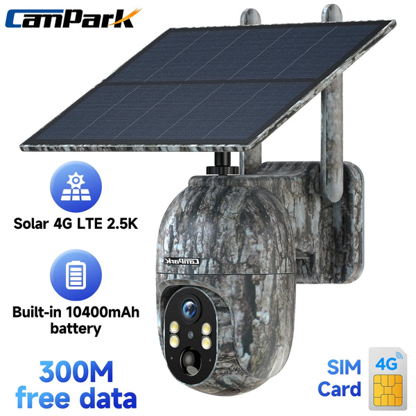 CAMPARK 4G LTE Cellular Trail Camera Wireless 2.5K Pan Tilt Solar Powered Hunting Game Camera Color Night Vision 360 Full View Waterproof IP66 Motion Alert for Outdoor Wildlife Monitoring