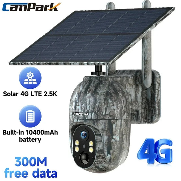 CAMPARK 4G LTE Cellular Trail Camera Wireless, Solar Powered Game Camera with 360Pan 90Tilt, 2.5K HD Night Vision, Motion Activated, Waterproof IP66, Hunting Security Camera with SIM Card, NO WiFi