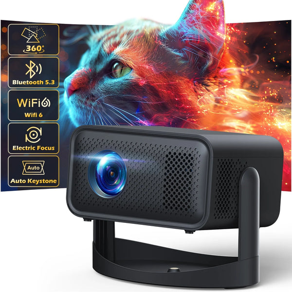 CAMPARK Smart Projector, 4K/300 ANSI Mini Portable Projector with WiFi 6 BT 5.3, Auto Keystone, Screen Adjustment, 360 Degree Rotation, Home Video Projector Built-in Android 11.0 OS, Black
