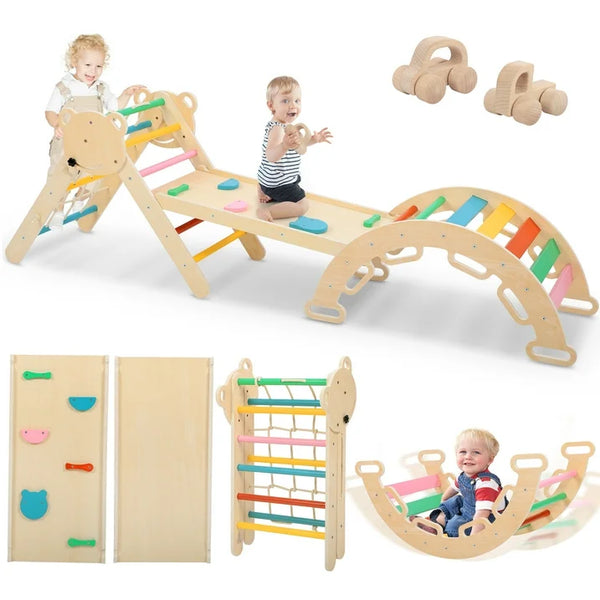 COCLUB Pikler Triangle Climbing Set, 7in1 Toddler Climbing Toys Indoor with Arch Ramp Ladder, Climbing Toys for Toddlers 1 3 Inside Gym  Rainbow