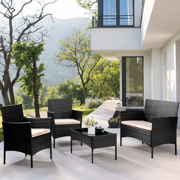 Carpet 4PCS Patio Rattan Wicker Furniture Conversation Set with Loveseat Sofa and Table for Garden Yard,Black