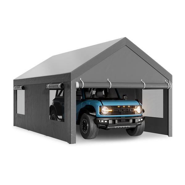 Carpet Carport 10'x20' Large Heavy Duty Car Tent with Powder-Coated Steel Frame, Portable Garage with Removable Sidewalls & Doors Car Canopy, Gray