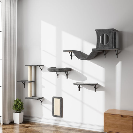 Cat Wall Shelves and Perches Set of 5 Sleeping Playing Lounging Climbing Cat Tree House for Multiple Cats
