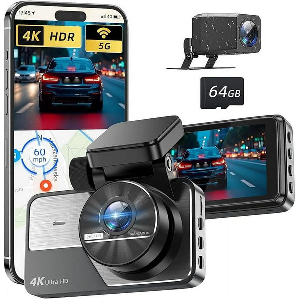 Charlore Dash Cam Front and Rear，4K 2K Full HD Dual Dash Camera for Cars，Built in 5G WiFi,GPS，64GB Card，Car Camera with 3 IPS Screen，UHD 2160P Night Vision, HDR，G Sensor， App Control.