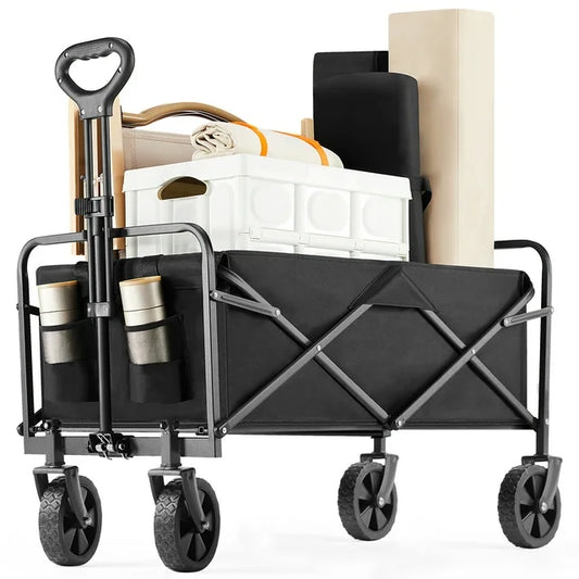 Collapsible Folding Wagon Cart, Camping & Shopping, Heavy Duty Utility Wagon with All-Terrain Wheels - Black（29.10*18.50*35.00inch）