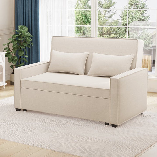Convertible Sofa Bed, 53 Sleeper Sofa with Pull Out Bed, Loveseat Sofa Couch with Adjustable Backrest and 2 Pillows for Living Room, Apartment, Bedroom, Office, Beige