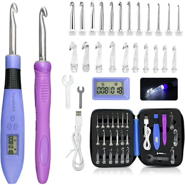 Crochet Hook with 22 Different Size, for Stitch & Row Counter, Light Up Interchangeable Crochet Needle, Ergonomic Crochet Hooks with 2 Levels Led