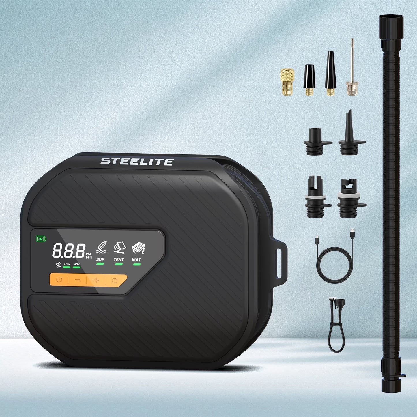 Steelite Electric Paddle Board Pump,Rechargeable 50PSI High Pressure SUP Air Pump with Auto-Off,Dual-Stage Inflation and Deflation,Portable Electric Pump for Inflatiable Bed,Boat,Tent