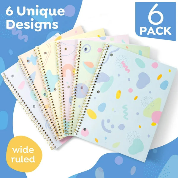Deli Spiral Notebooks, 6 Pack, 1-Subject, Wide Ruled Paper, 8" x 10-1/2", 70 Sheets, Assorted Pastel Colors