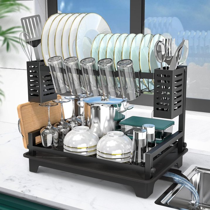 Dish Drying Rack: 2 Tier Dish Racks for Kitchen Counter and Sink - Large Dish Drying Rack with Drainboard & Utensil Holders - Stainless Steel Dish Drainers Kitchen Organization and Storage