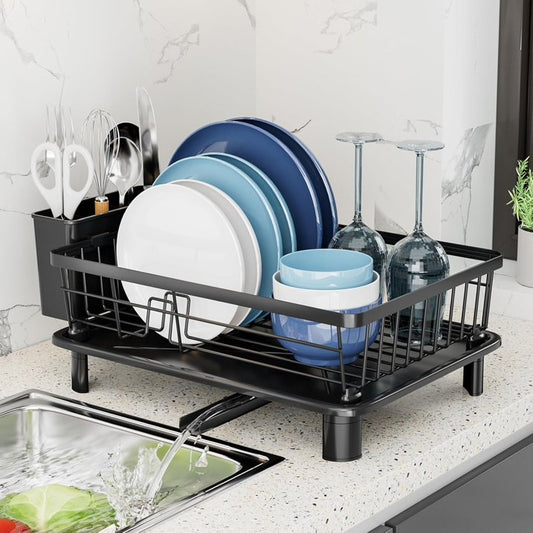 Dish Drying Rack, Space-Saving Dish Rack, Dish Racks for Kitchen Counter, Kitchen Dish Drainers with Removable Utensil Holder,Plate Rack and Drainboard, 11''W x 15''L, Black