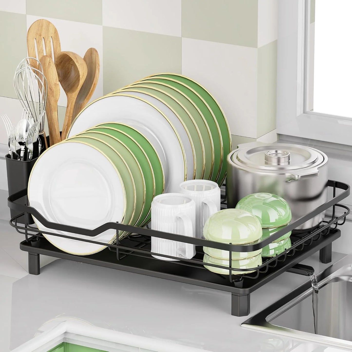 Dish Drying Rack, Stainless Steel Rustproof Dish Rack for Kitchen Counter, Sturdy Dish Drainer with Drainboard, Drainage, Utensil Holder for Various Kitchenware, 16.2"(L) x 12.6"(W), Black