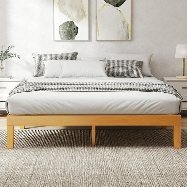 EDX Full Size Wood Bed Frame, No Spring Needed, 12in Wooden Platform Bed Frame Mattress Foundation with Support Slats, Natural Pine