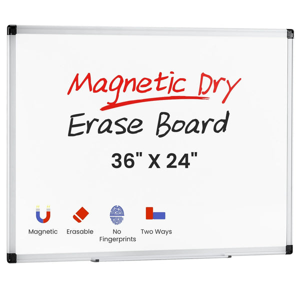EDX Magnetic Dry Erase Board, 36 X 24 Inches, Two Mounting 0ptions, Horizontal or Vertical，With Left and Right Removable Pen Tray, Silver Aluminium Frame, White