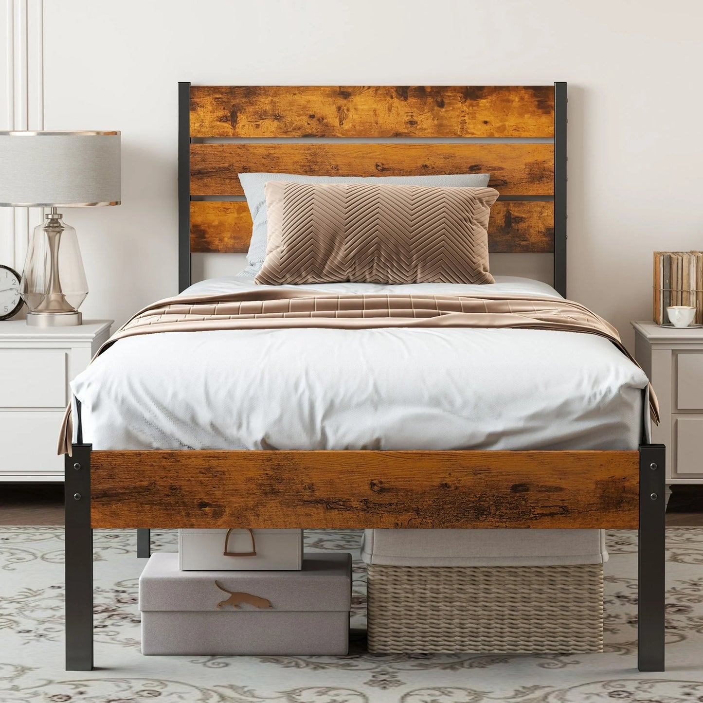 EDX Twin Size Metal Bed Frame with Industrial Wooden Headboard, Ample Storage, Noise-Free Design, Sturdy Steel Slat Support, Rustic Brown
