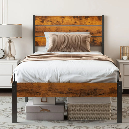 EDX Twin Size Metal Bed Frame with Industrial Wooden Headboard, Ample Storage, Noise-Free Design, Sturdy Steel Slat Support, Rustic Brown