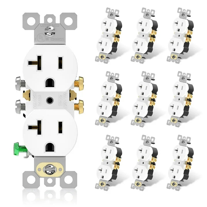 ELEGRP 20A 125V Duplex Receptacle, 2 Pole 3 Wire Standard Electrical Wall Outlet, 5-20R, Self-Grounding, side wire, UL Glossy White, 10 Pack