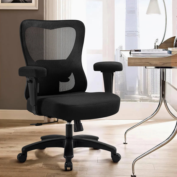 Ergonomic Office Chair, Mesh Desk Chair with Wide Thick Seat Cushion, Oversize Home Desk Chair with Adjustable 2D Headrest, Lumbar Support  Armrests for Work  Gaming,Black