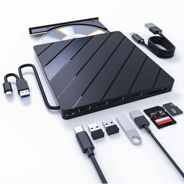 External CD/DVD Drive for Laptop, USB 3.0 Portable External CD Burner Reader Writer with 4 USB Ports/2 TF SD Card Slots/1 USB Type C Port, 8 in 1 Disc Drive for Laptop/PC/Mac/Windows/Linux/OS