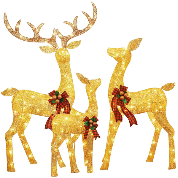 FOOWIN 3-Piece Large Christmas Deer Family, Lighted Outdoor Decoration, Gold