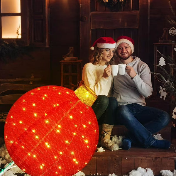 FOOWIN 3pc Lighted Christmas Ornament Set – Outdoor Holiday Decor with Warm White LED Lights, Weatherproof Metal Frame, Easy Assembly for Yard, Porch, Patio – Red, Yellow & Green