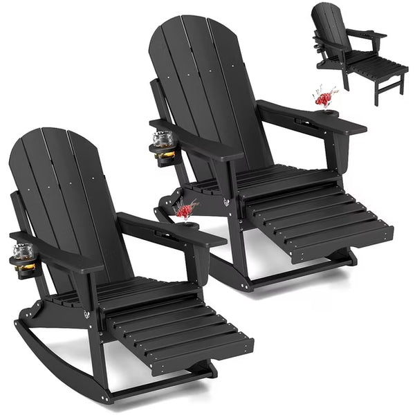 FOOWIN HDPE Plastic Rocking Adirondack Chair Set of 2, Folding Rocking Chairs for Patio Porch Rocker Chair, Black