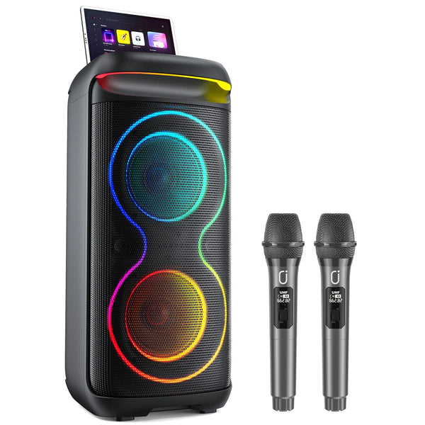 FanFun Large Bluetooth Speaker with DJ Lights, 2 Wireless Microphones, Big Party Speaker with Karaoke Speaker PA System for Outdoor