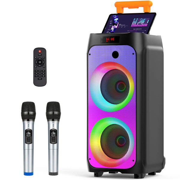 FanFun Large Karaoke Machine for Adult, Home Karaoke System with DJ Light, Karaoke Speaker with Wheels & Trolley Bar, Big Bluetooth Speaker with 2 Microphones for Outdoor Party, Deep Bass PA System