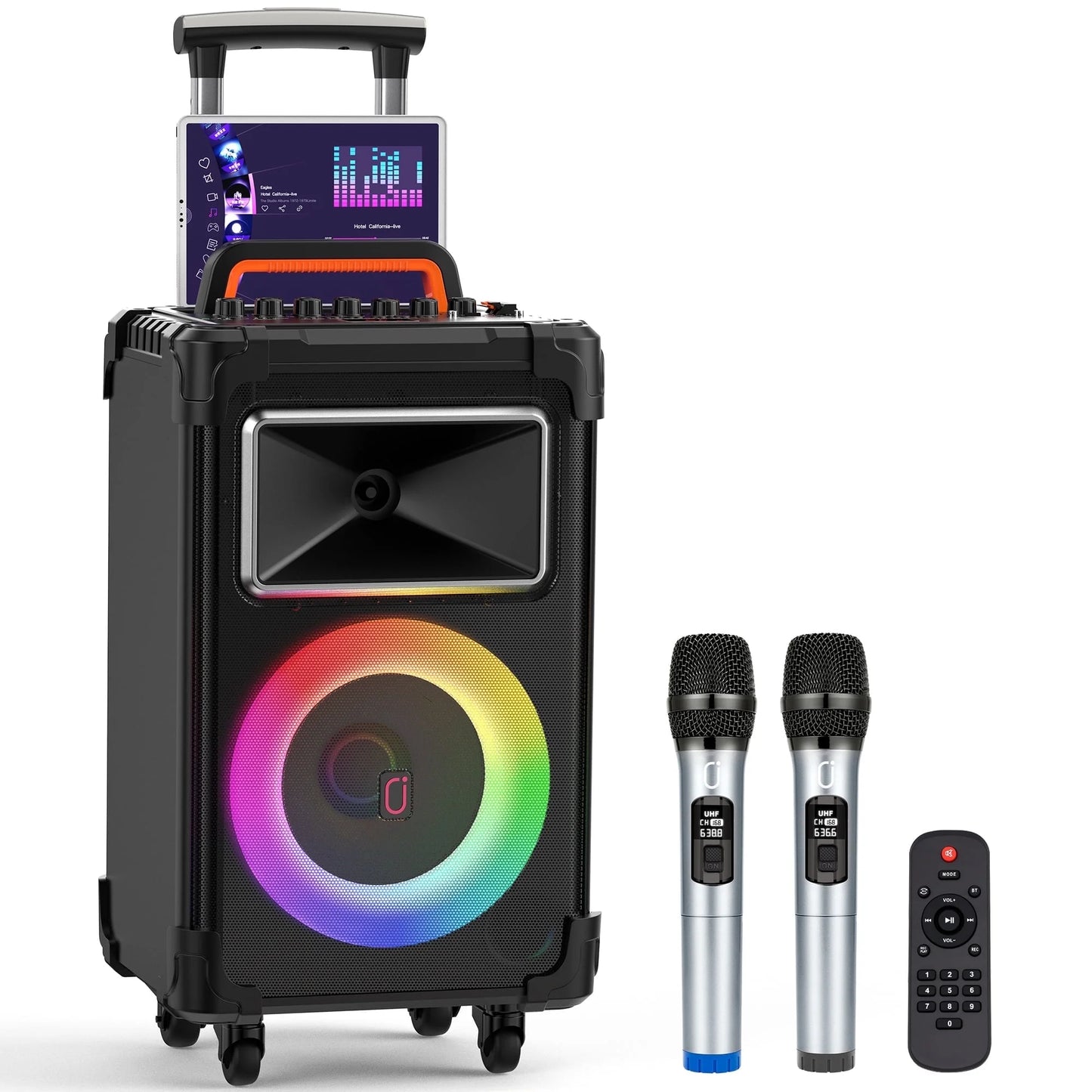 FanFun Large Party Speaker, 25.20" Big Bluetooth Speaker with Rolling Wheels & Trolley, 800W Peak Power, Portable Wireless Outdoor Speaker PA System with DJ Lights & Mics, Powerful Bass