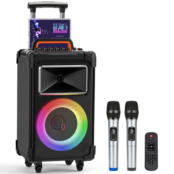 FanFun Large Party Speaker, 25.20" Big Bluetooth Speaker with Rolling Wheels & Trolley, 800W Peak Power, Portable Wireless Outdoor Speaker PA System with DJ Lights & Mics, Powerful Bass